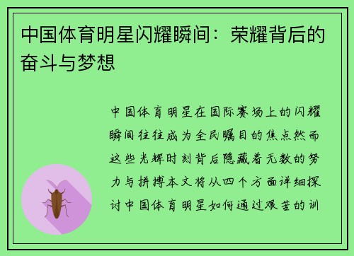 中国体育明星闪耀瞬间:荣耀背后的奋斗与梦想