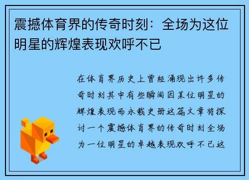 震撼体育界的传奇时刻:全场为这位明星的辉煌表现欢呼不已