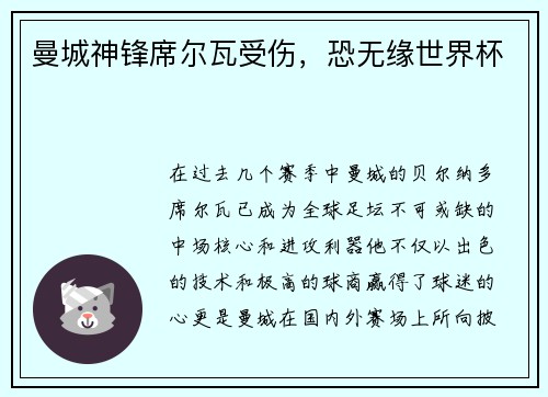 曼城神锋席尔瓦受伤,恐无缘世界杯