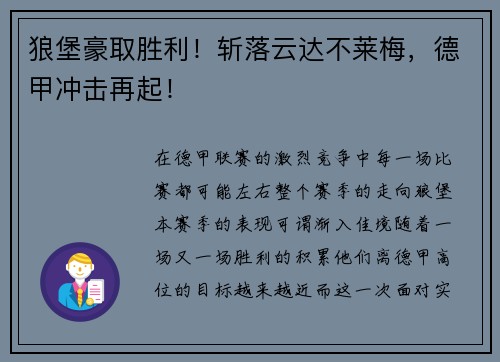 狼堡豪取胜利！斩落云达不莱梅，德甲冲击再起！